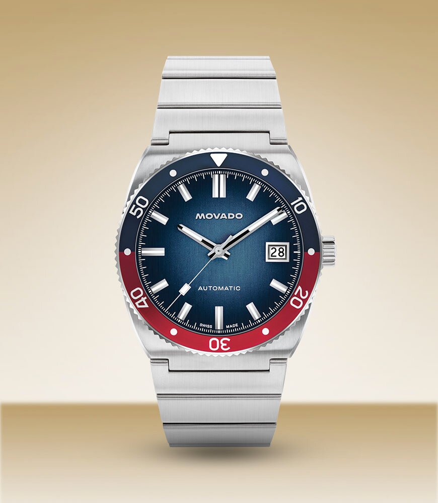Heritage Ondoplan watch with stainless steel bracelet and red and blue dial.
