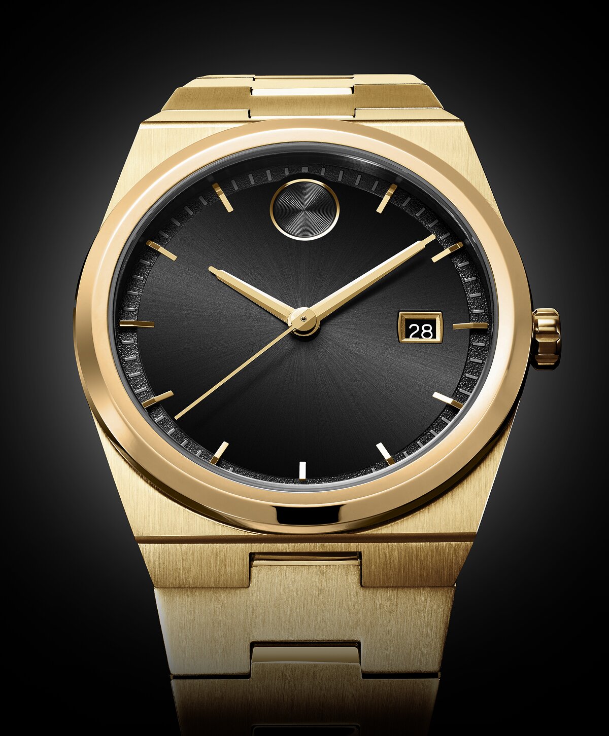 BOLD Quest watch with gold tone bracelet and black dial.
