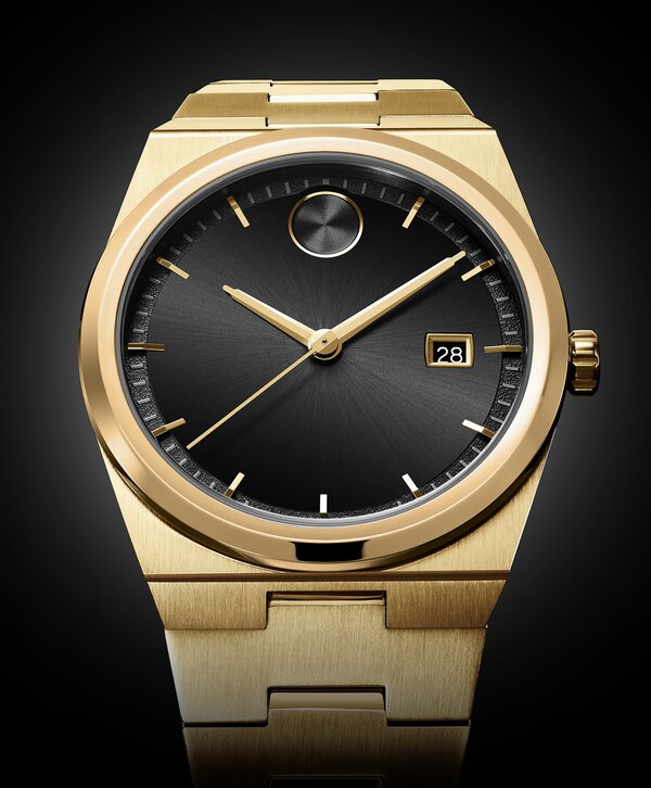 BOLD Quest watch with gold tone bracelet and black dial.
