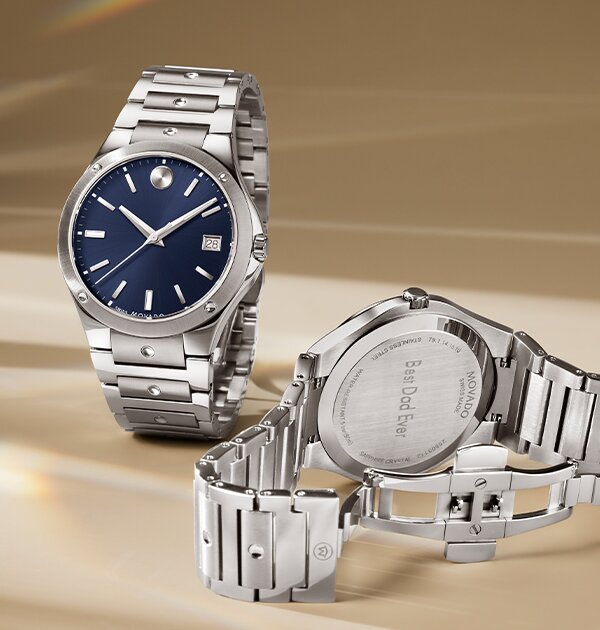 Front and back of a Movado SE watch with stainless steel bracelet and blue dial. The caseback features personalized engraving that reads, "Best Dad Ever".