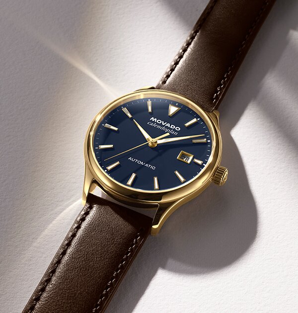 Heritage Calendoplan with brown leather strap and blue dial.
