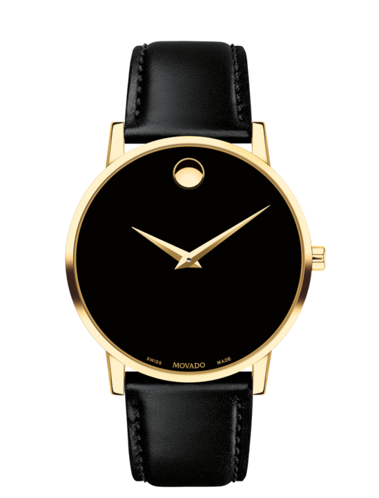 Black Museum Classic watch with leather strap and gold accents.