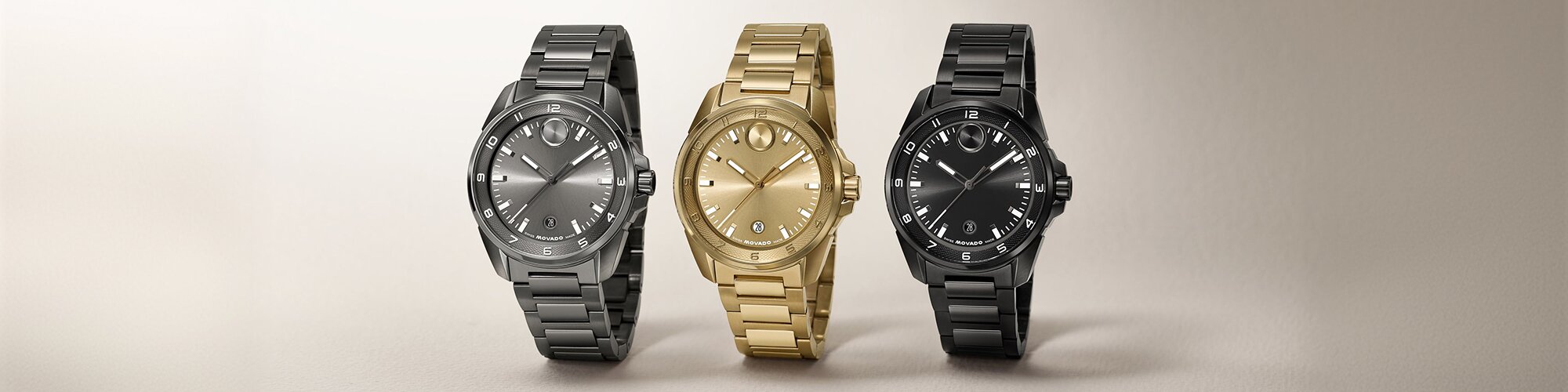 BOLD Verso S bracelet watches in grey tone, gold tone and black tone.