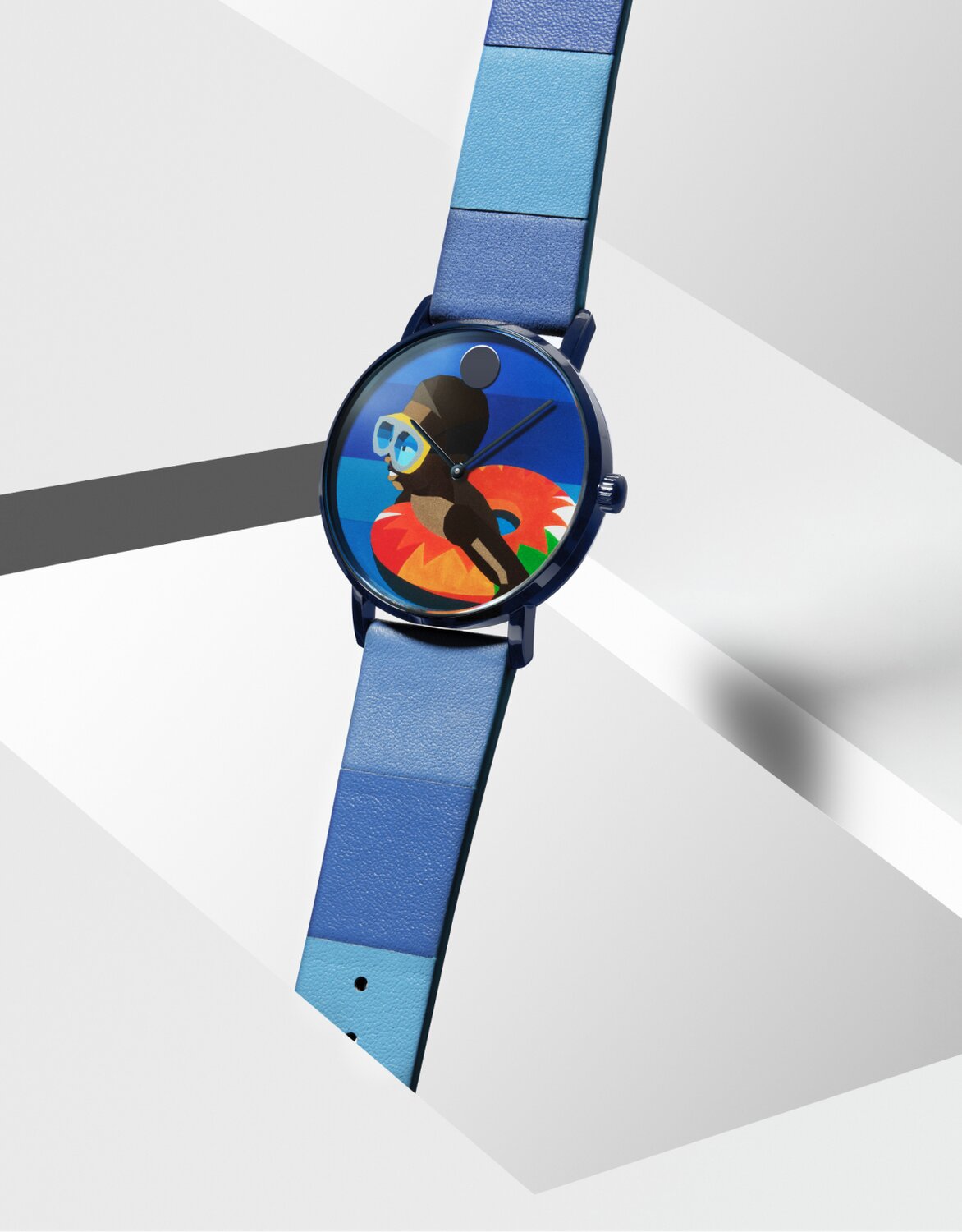 Blue Movado watch featuring the artwork of Derrick Adams, Floater 109