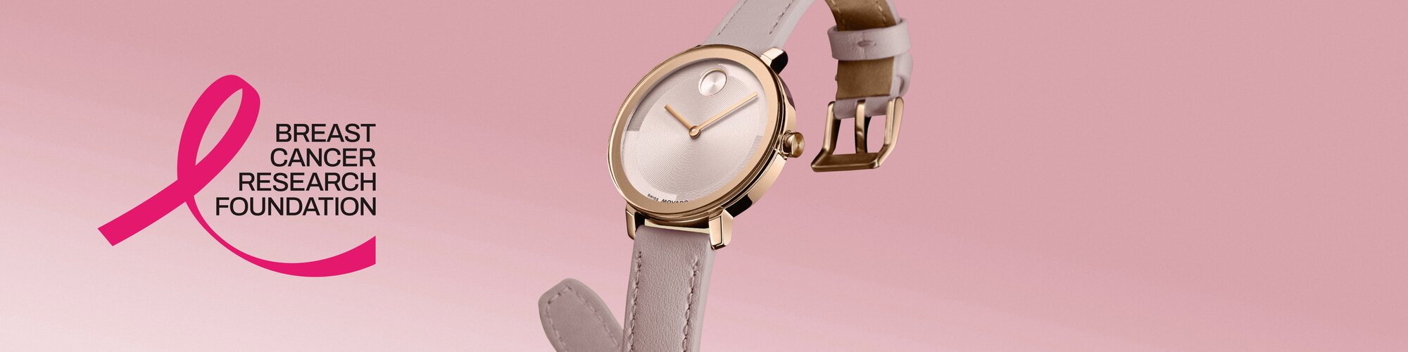 BOLD Evolution 2.0 pink leather watch. Breast Cancer Research Foundation logo with pink ribbon in the top left corner.