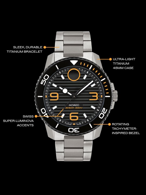 Titanium bracelet, 45mm titanium case, super-luminova accents and rotating tachymeter inspired bezel
