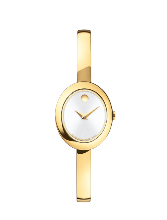 Gold tone Museum bangle watch with oval dial.