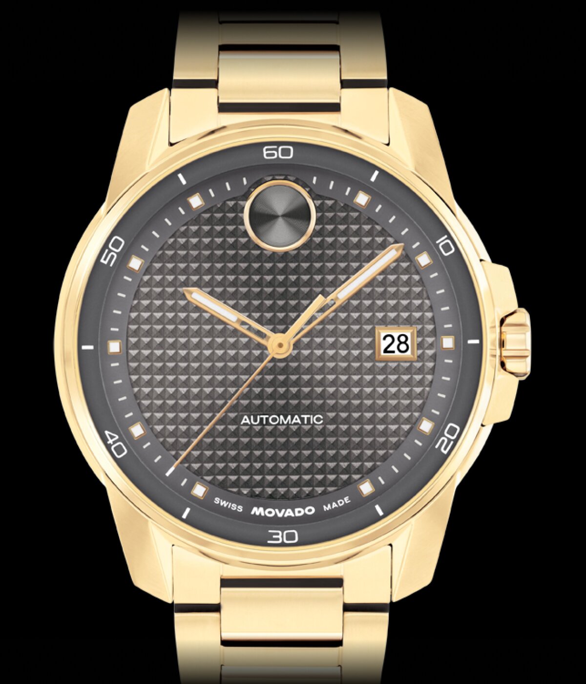 BOLD Verso watch with gold tone bracelet and grey textured dial.