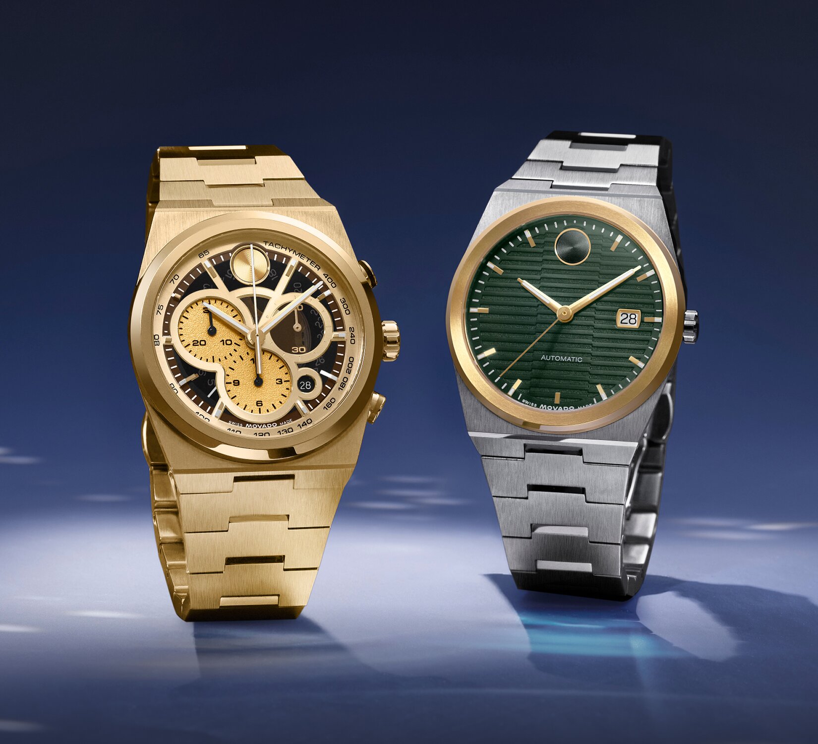Gold Tone BOLD Quest watch with Skeleton Chronograph dial next to a BOLD Quest watch with stainless steel bracelet and green textured dial.