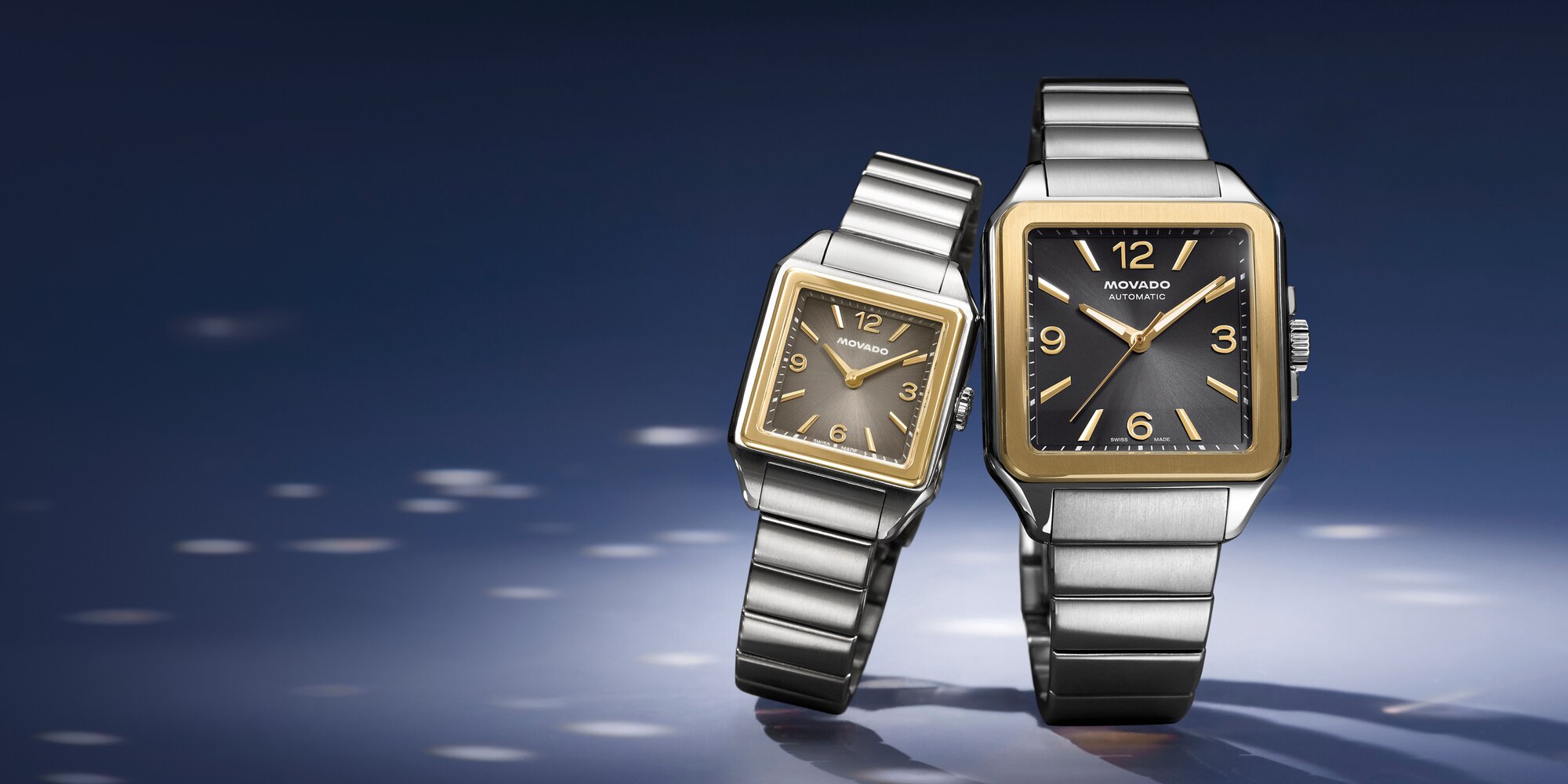 Two tone womens and mens 1917 watches with square dial and stainless steel bracelet.