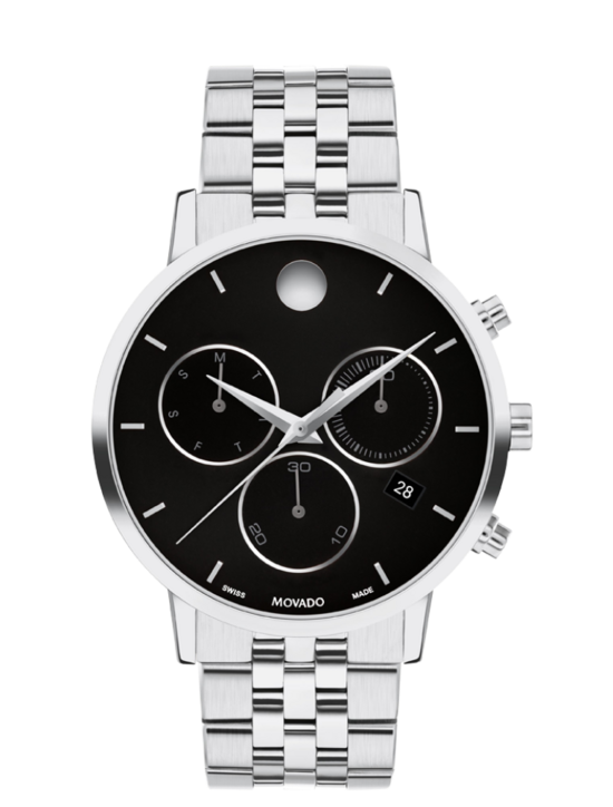 Museum Classic Chronograph watch with stainless steel bracelet and black dial with stainless steel accents.