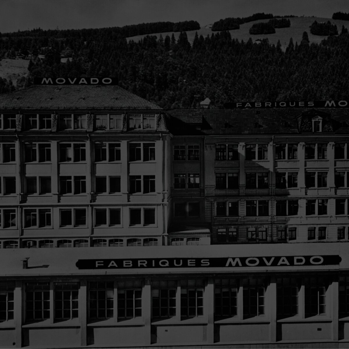 Black and white image of the Movado factory in Switzerland