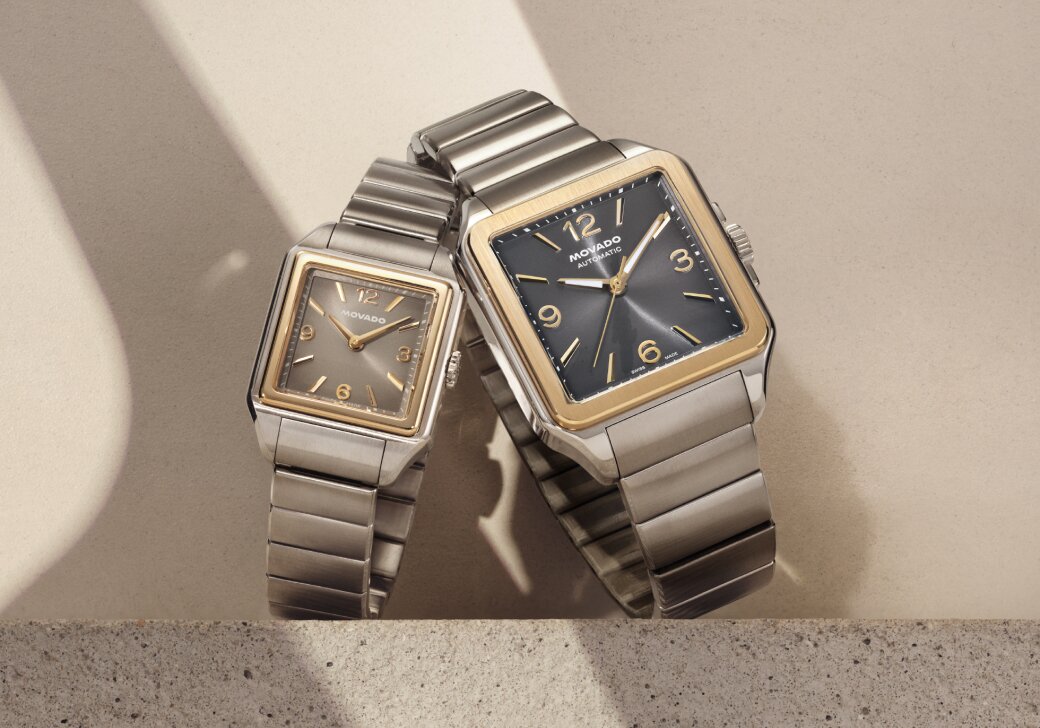 Men's and Women's two tone Heritage 1917 bracelet watches with square dials.