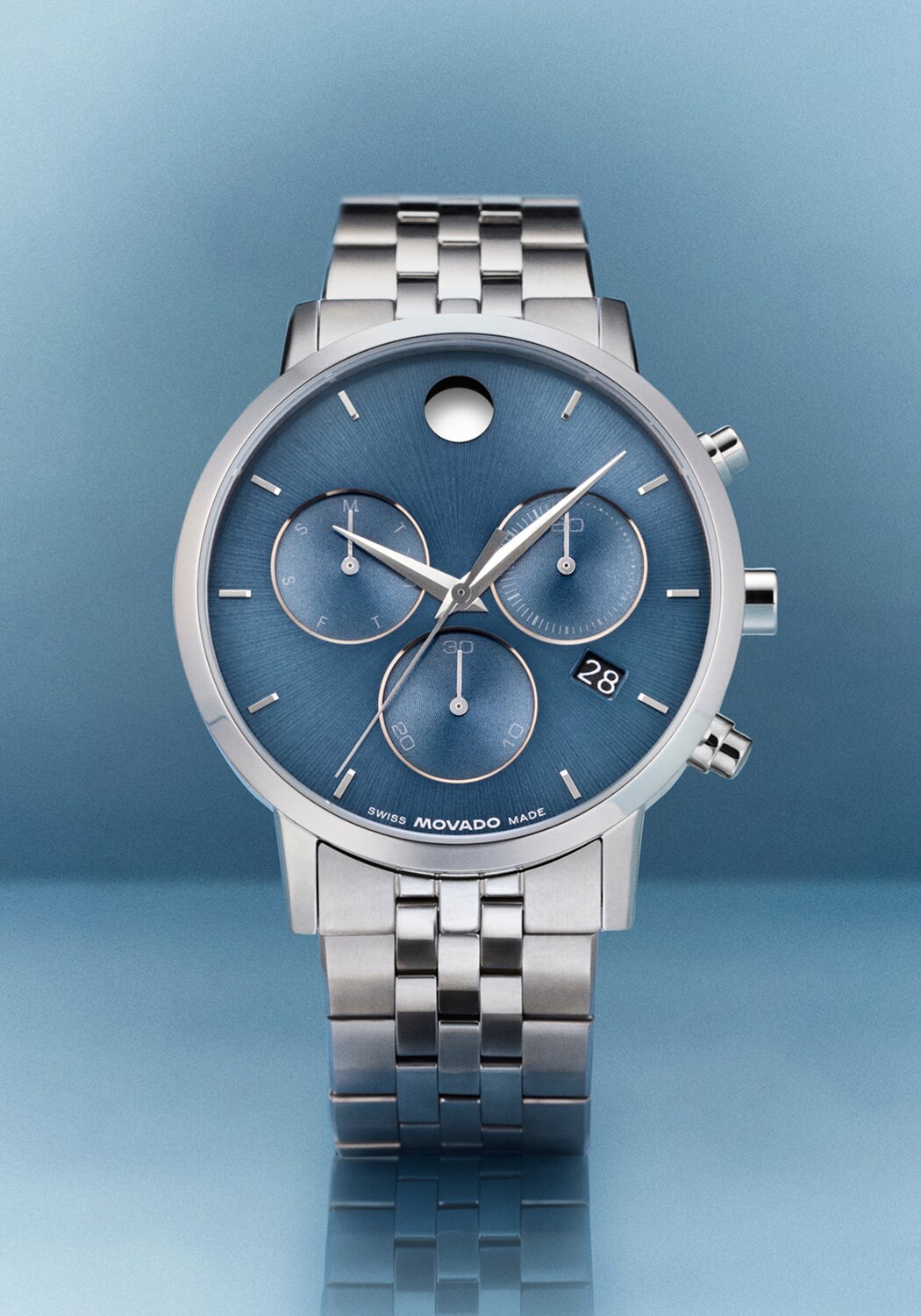 Museum Classic with stainless steel bracelet and blue chronograph dial.