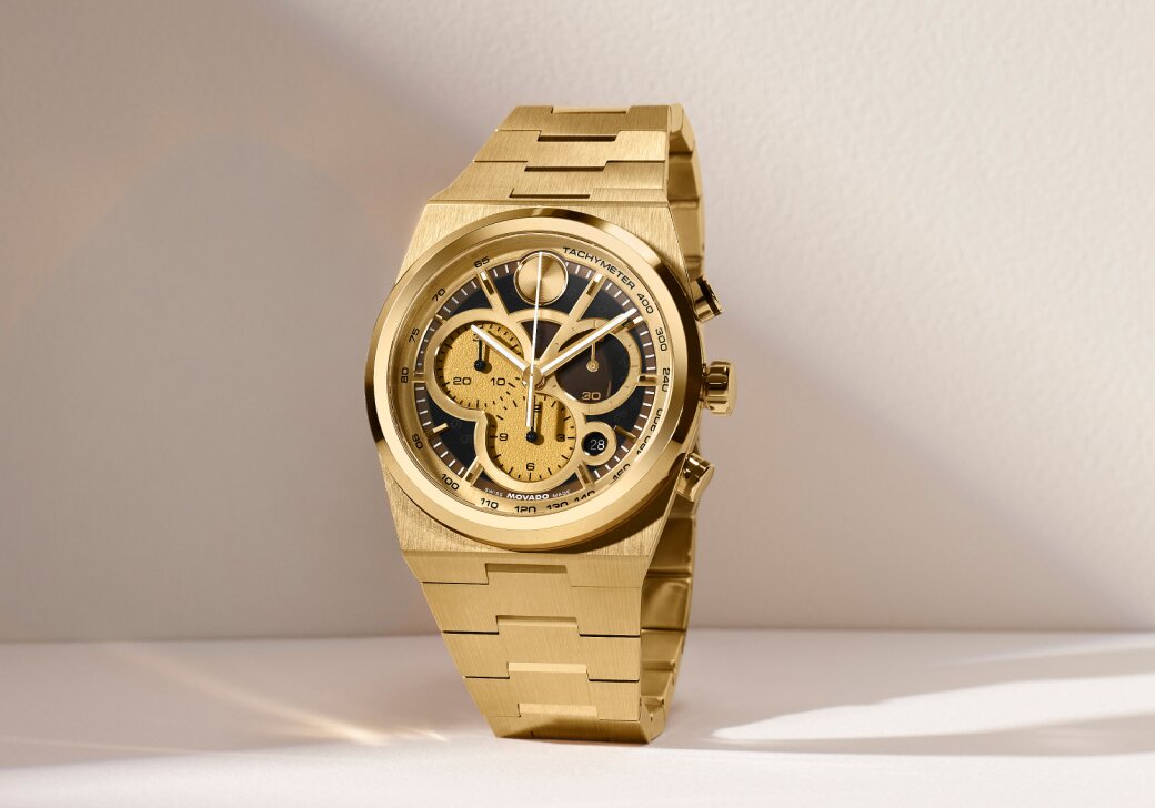 Gold tone BOLD Quest Chronograph watch with skeleton dial.