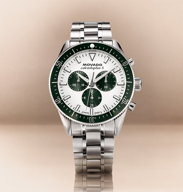 Heritage Series Calendoplan S watch with stainless steel  bracelet and white and green chronograph dial.
