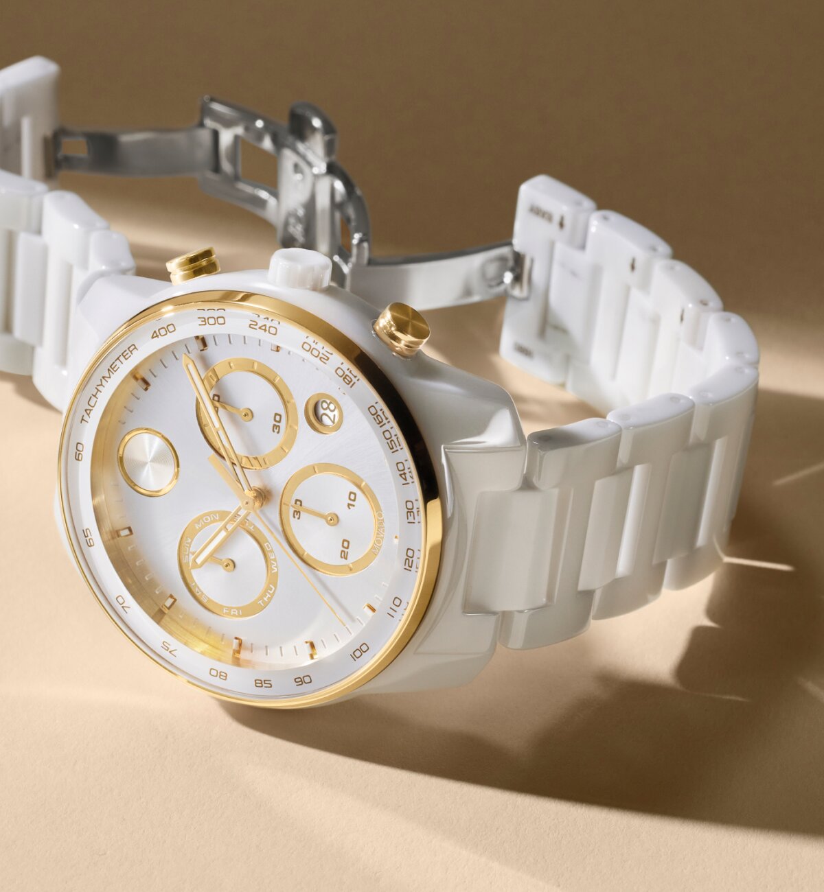 BOLD Verso White Ceramic Chronograph watch laying down