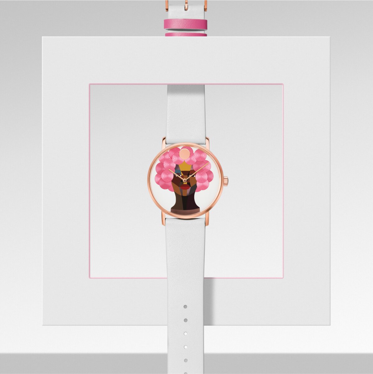 White Movado watch featuring the artwork of Derrick Adams, Style Variation Grid 6, and pink accents