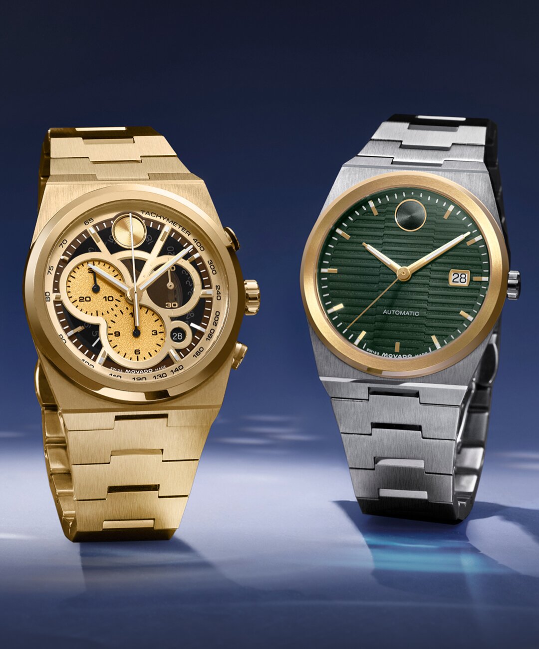 Gold Tone BOLD Quest watch with Skeleton Chronograph dial next to a BOLD Quest watch with stainless steel bracelet and green textured dial.