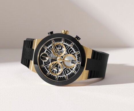 BOLD Fusion Chronograph watch with black rubber strap and skeleton dial.
