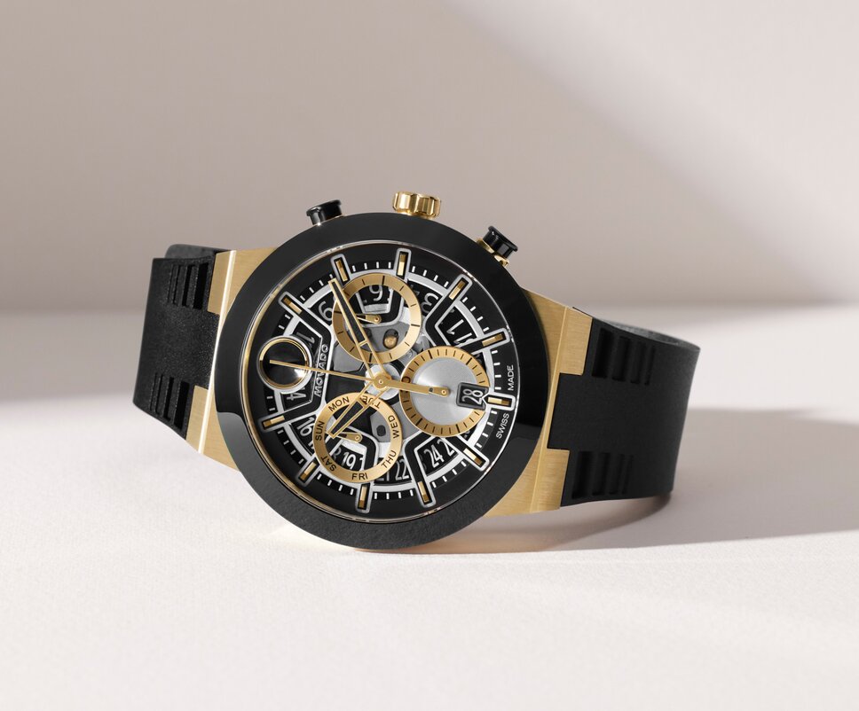 BOLD Fusion Chronograph watch with black rubber strap and skeleton dial.