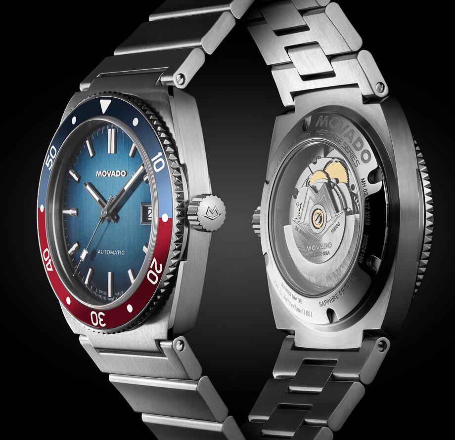 Front of the Ondoplan Automatic watch with silver bracelet and blue dial and blue and red bezel next to the back of the watch with the exposed automatic movement
