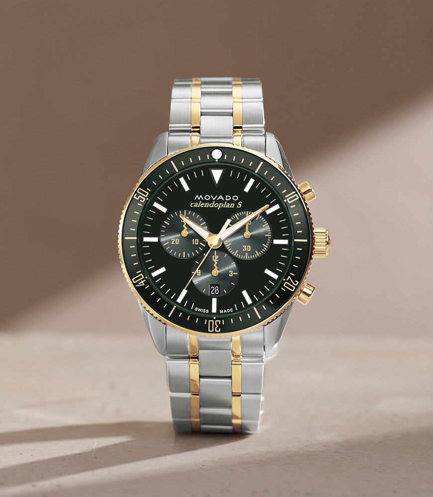 Calendoplan S two tone bracelet watch with green chronograph dial.