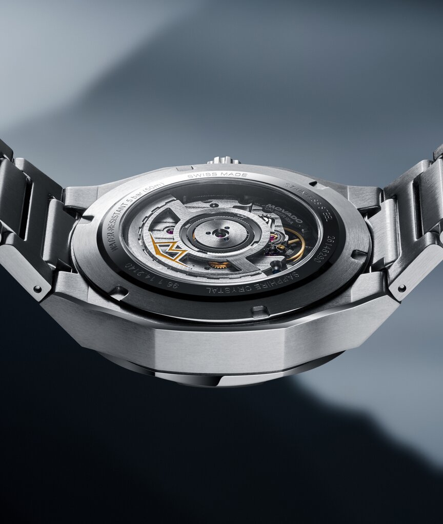 The caseback of the Alta Centurion watch showcasing the exposed automatic movement