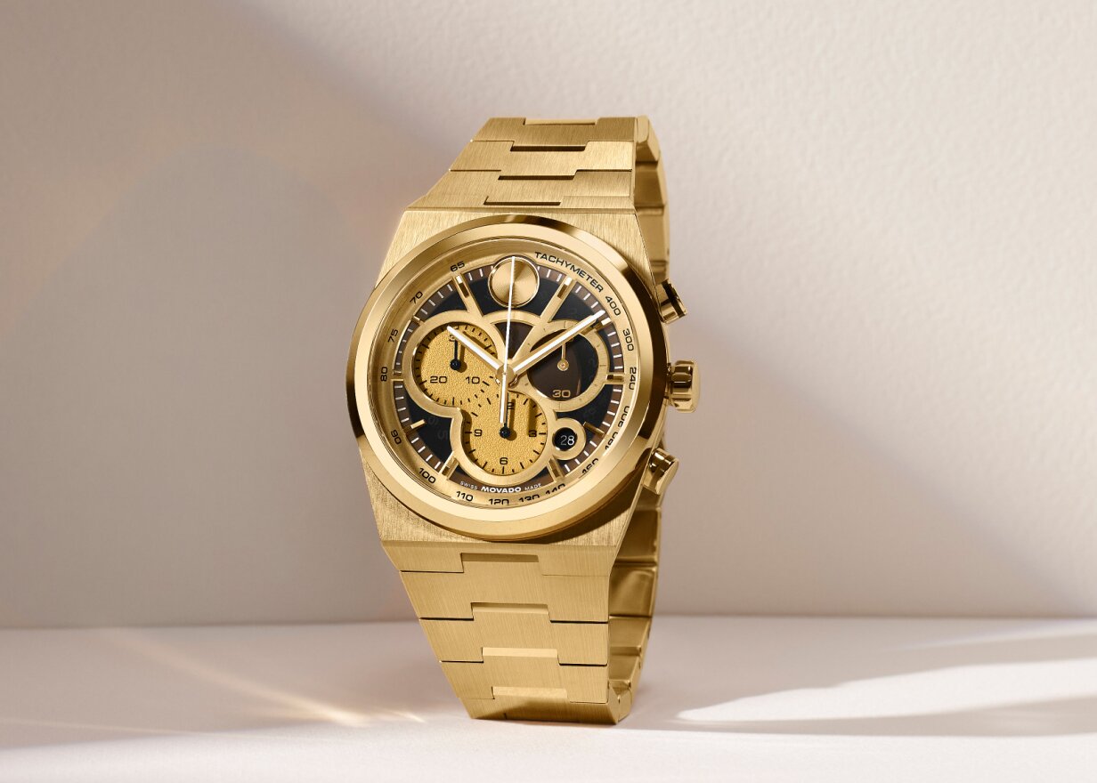 Gold tone BOLD Quest Chronograph watch with skeleton dial.