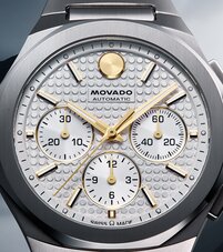 Close up of the Alta Centurion white Chronograph textured dial with gold accents.