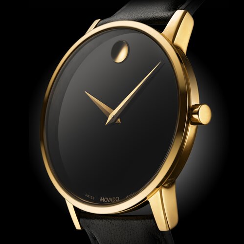 Black Museum Classic watch with leather strap and gold accents