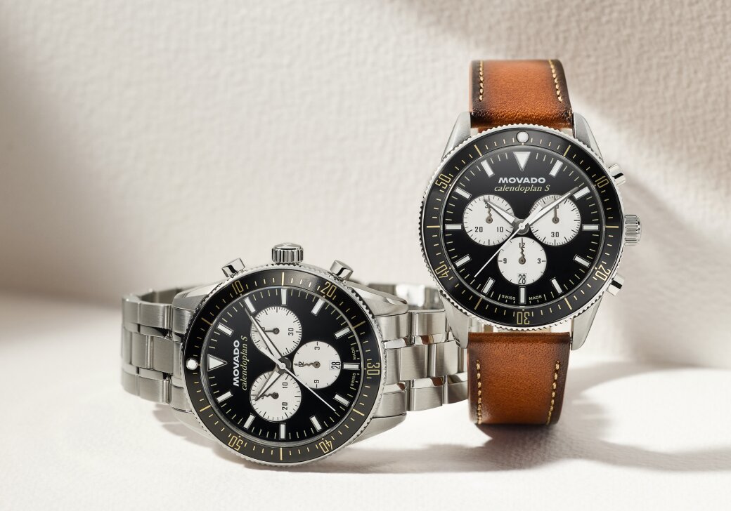 Calendoplan S Chronograph watches with black dials and stainless steel bracelet and brown strap.