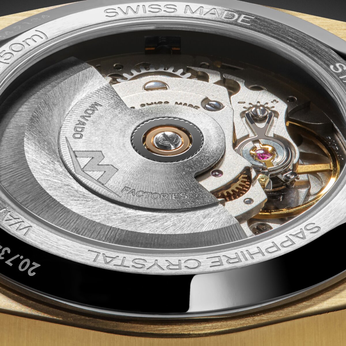 Movado BOLD Quest Automatic caseback showcasing the automatic movement 