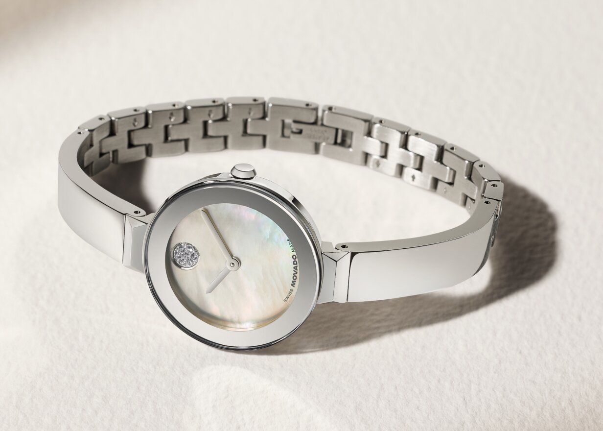Stainless Steel BOLD Bangle watch with grey mother of pearl dial with crystal dot.
