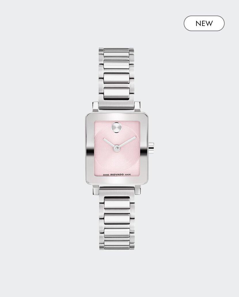 BOLD Evolution 2.0 mini watch with silver bracelet and square pink dial.