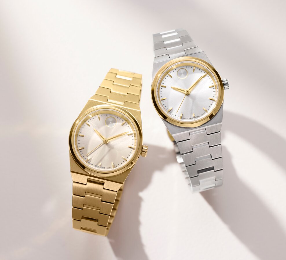 Gold tone BOLD Quest Mini bracelet watch next to a Stainless steel BOLD Quest Mini bracelet watch with gold accents.