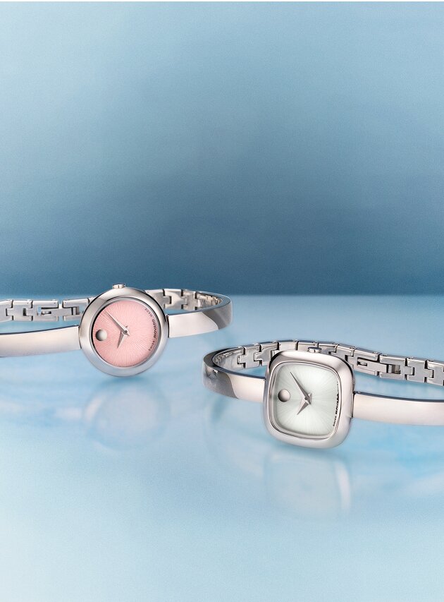 Three gold tone Museum Bangle watches; circle dial, square dial and oval dial.