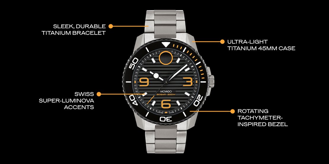 Titanium bracelet, 45mm titanium case, super-luminova accents and rotating tachymeter inspired bezel