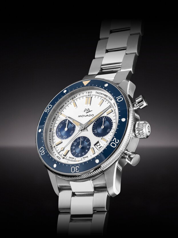 Alta Super Sub Sea Chronograph watch with stainless steel bracelet and white and blue dial.