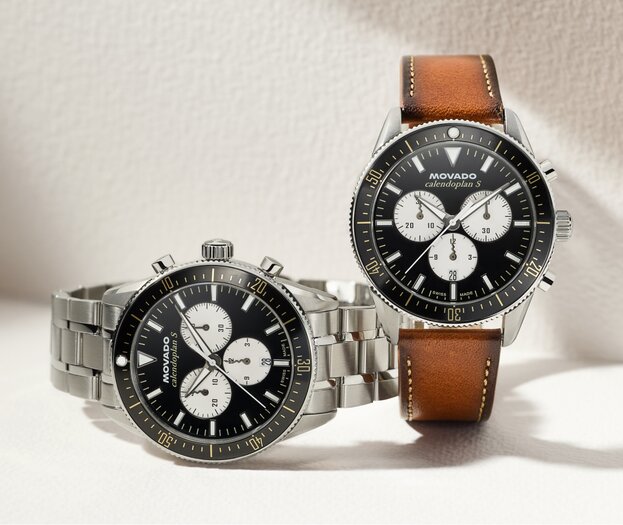 Calendoplan S Chronograph stainless steel bracelet watch with black dial and Calendoplan S Chronograph watch with brown strap and black dial.