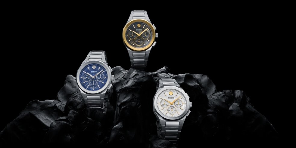 The three Alta Centurion Chronograph watches sitting on a rock
