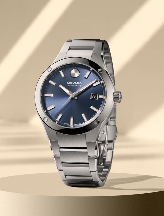 Museum Imperiale watch with stainless steel bracelet and blue dial.