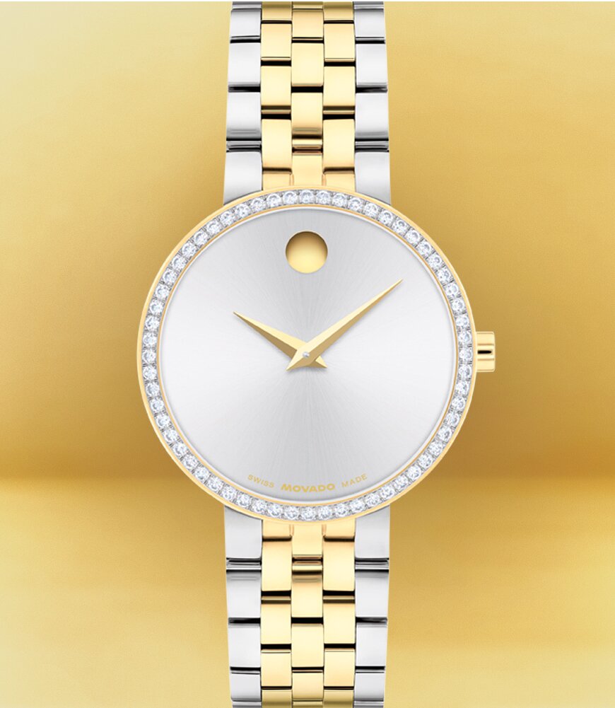 Two Tone Museum Classic bracelet watch featuring lab grown diamonds in front of a yellow background.