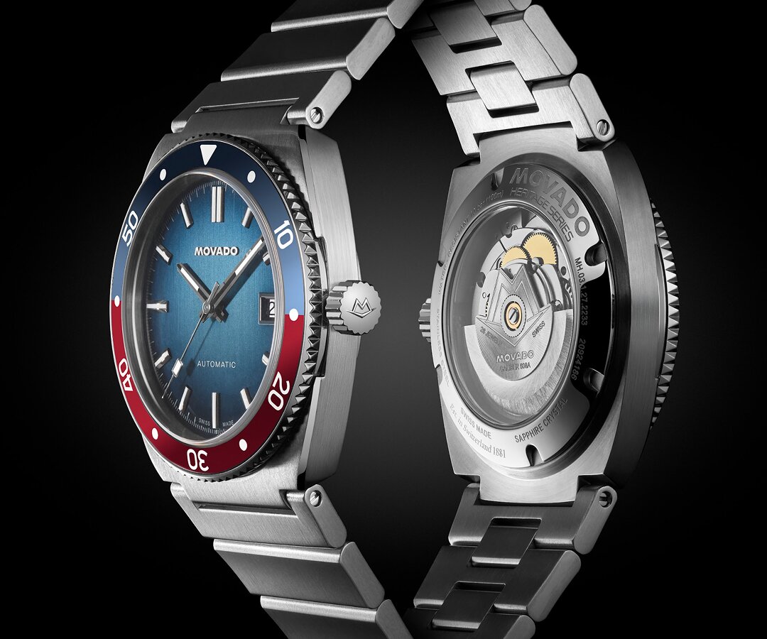Front of the Ondoplan Automatic watch with silver bracelet and blue dial and blue and red bezel next to the back of the watch with the exposed automatic movement