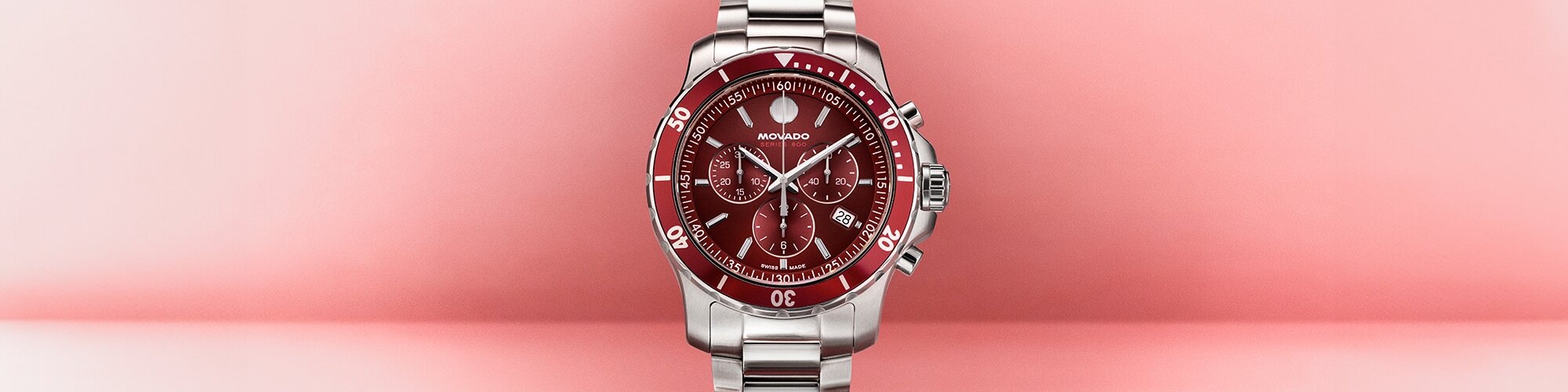 Series 800 silver bracelet watch with red chronograph dial
