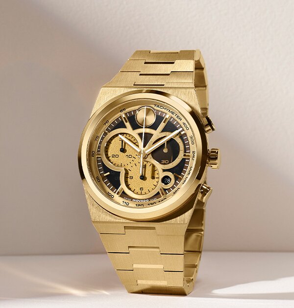 Gold tone BOLD Quest bracelet watch with chronograph skeleton dial.