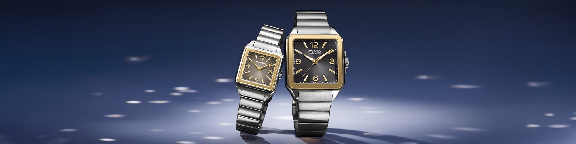 Men's and Women's Heritage 1917 watches with stainless steel bracelets and square dials.