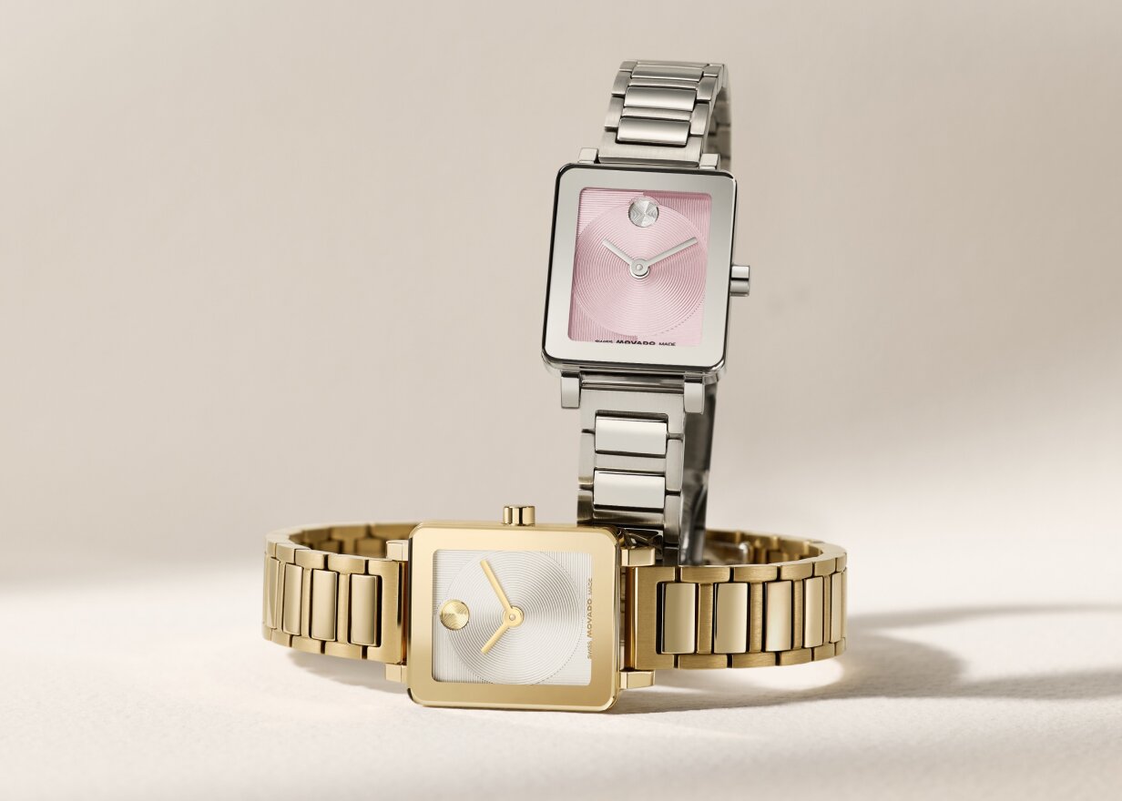 BOLD Evolution 2.0 Mini watch with stainless steel bracelet and pink square dial above a gold tone BOLD Evolution 2.0 Mini watch with white square dial.