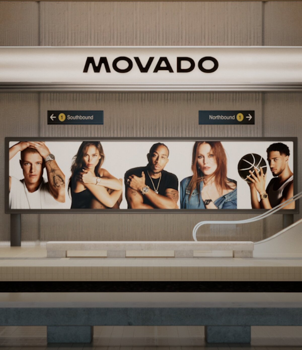 Movado Ambassadors on a train station advertisement 