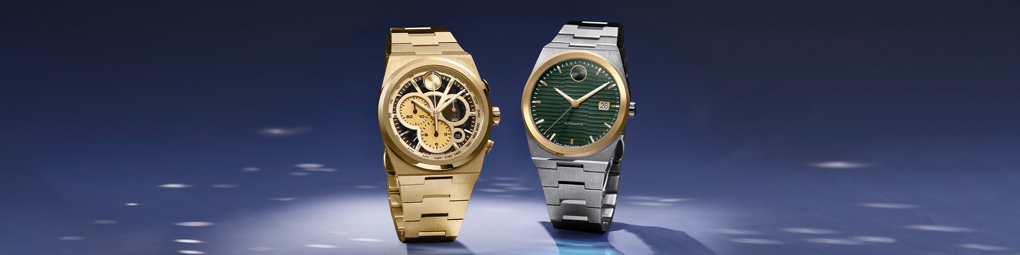 Gold tone BOLD Quest Skeleton watch next to a BOLD Quest watch with stainless steel bracelet and green dial.
